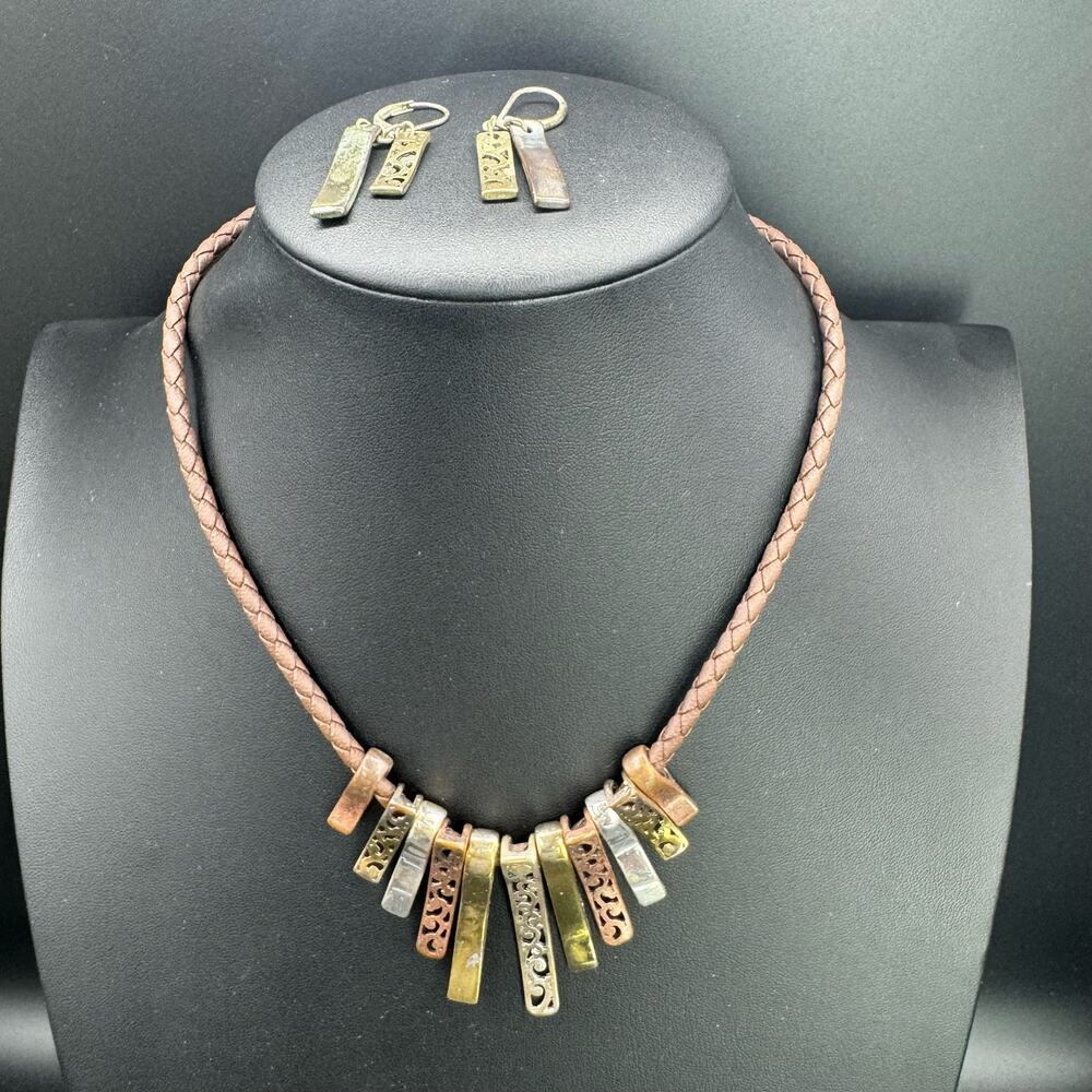 2 Piece Women Bohemian Metal Drop Pendant Brown Leather Necklace and Earring Set